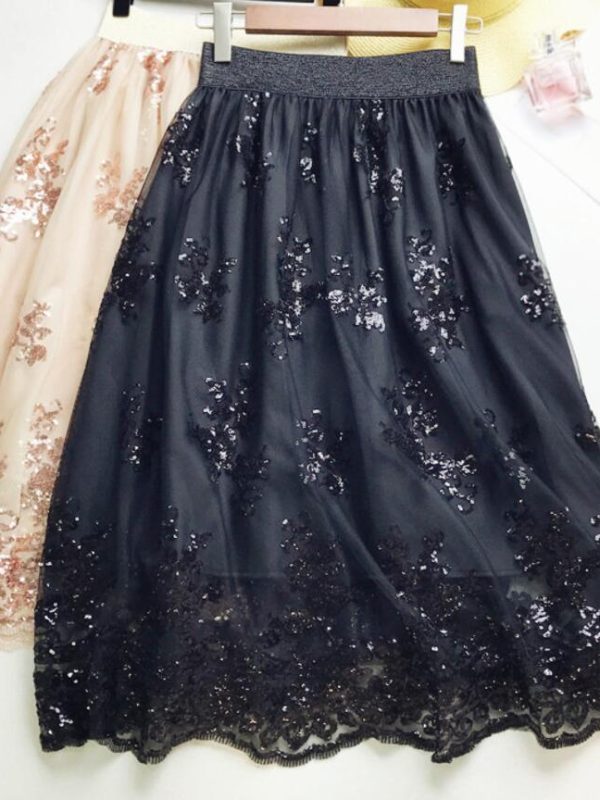 Black Khaki Sequin Lace High Waist Skirt