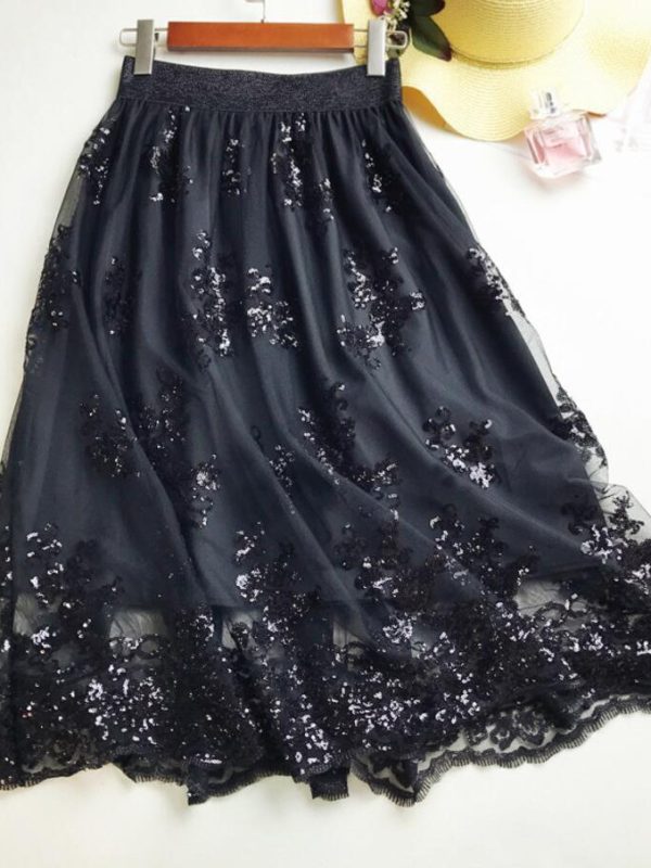 Black Khaki Sequin Lace High Waist Skirt