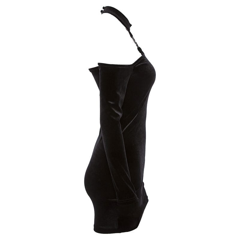 Black Long Sleeve Halter Velvet Dress | Uniqistic.com