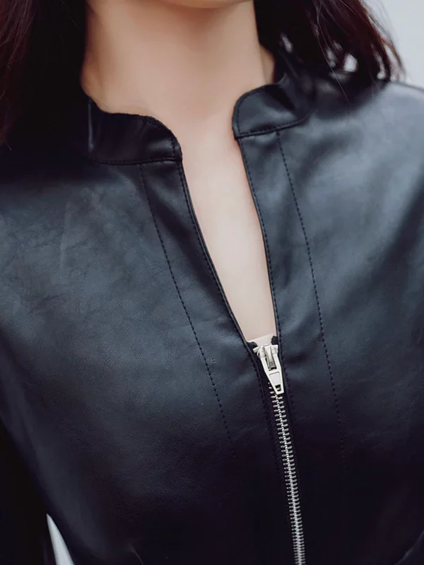 Black Zipper Sheath V Neck Long Sleeve Synthetic Leather Bodycon Dress