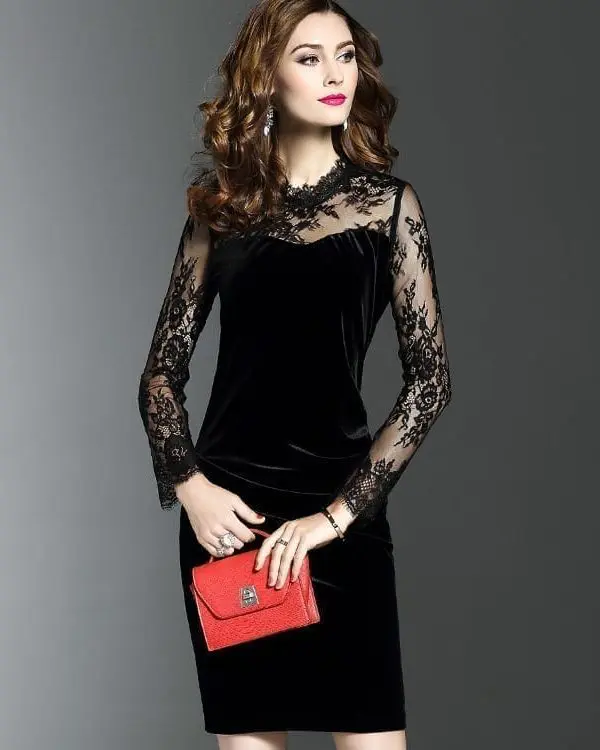 Elegant Long Sleeve Lace Velvet Midi Dress in Dresses