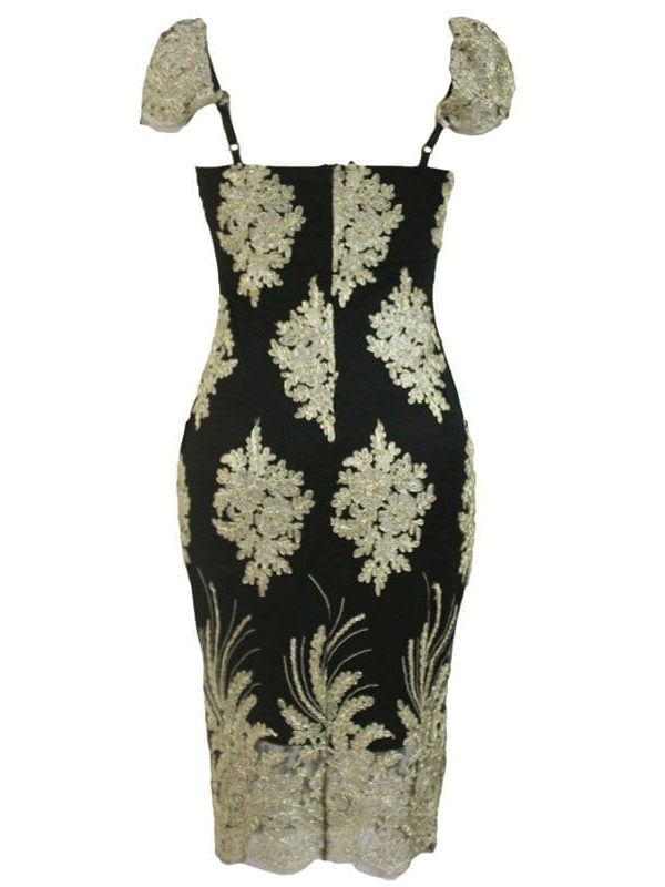Elegant Lace Black Gold Embroidered Bodycon Dress - Dresses - Uniqistic.com