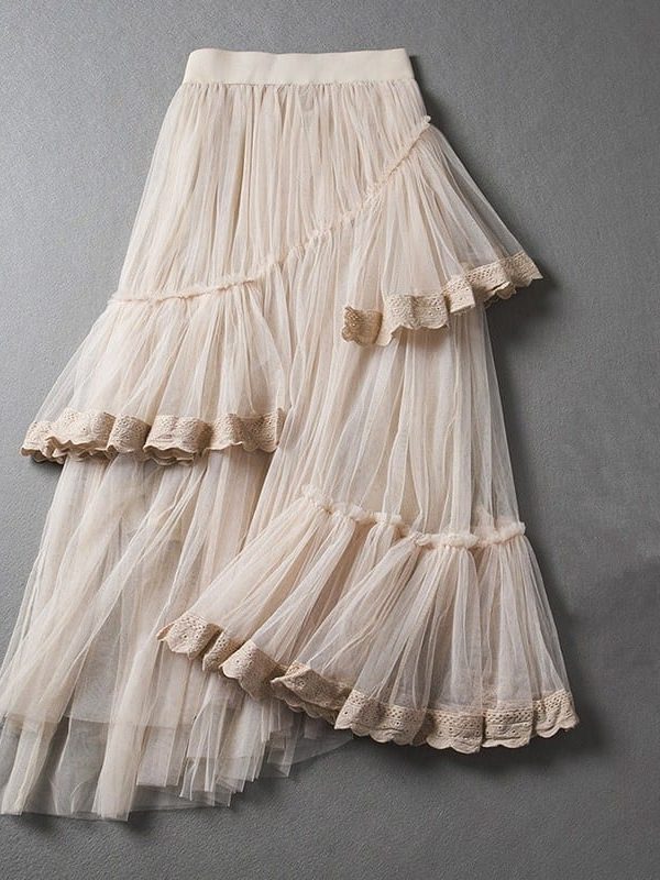 Beige Black White Irregular Lace Multi – Layer Net Waist Skirt