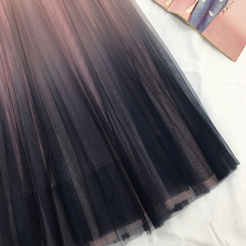 Gradient Color Tulle High Waist Pleated A-line Skirt