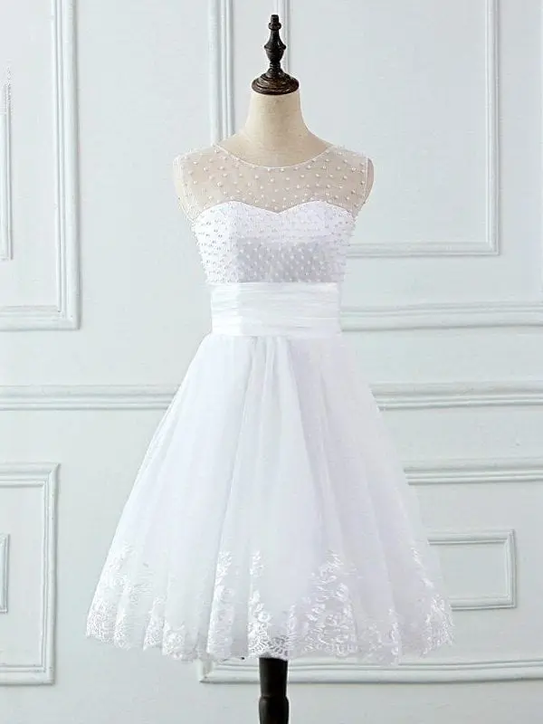 Lace Appliques Pearls Lace Up Back Short Wedding Dress