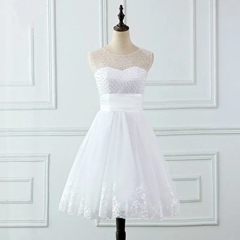 Lace Appliques Pearls Lace Up Back Short Wedding Dress