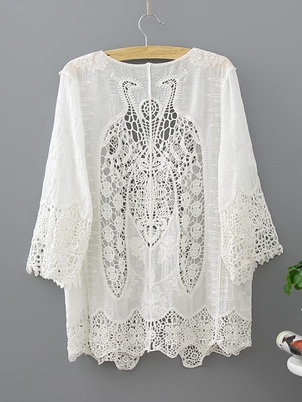 White Lace Hollow Out Half Sleeve Kimono Cardigan Blouse