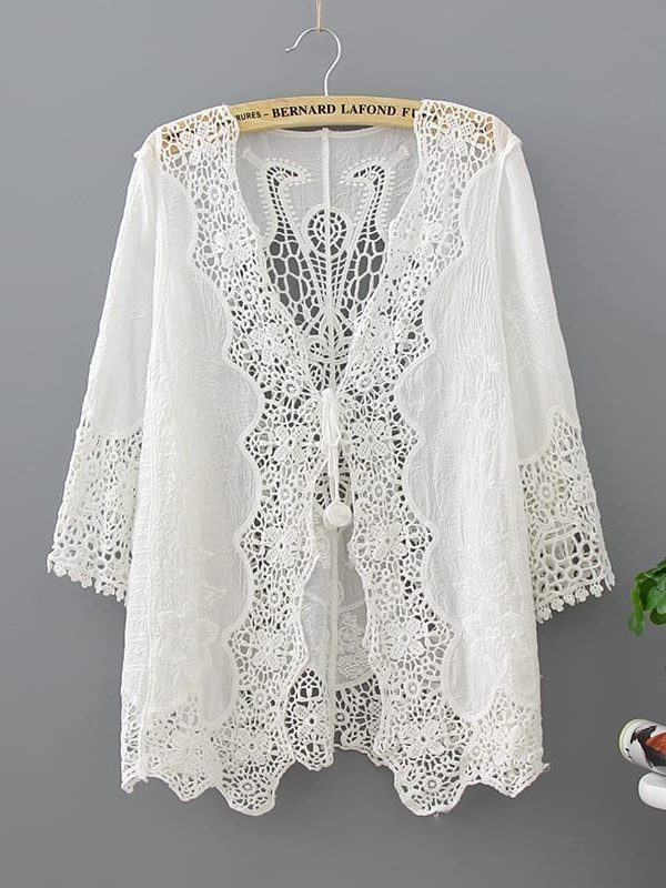 White Lace Hollow Out Half Sleeve Kimono Cardigan Blouse