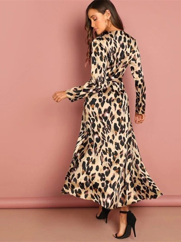 Deep V-neck Wrap Satin Leopard Vintage Dress