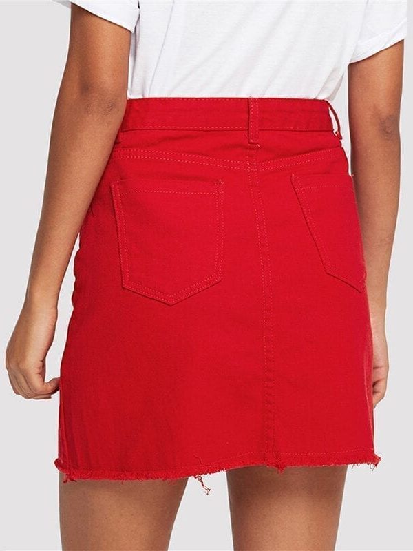 Frayed Hem Pockets Denim Red Mid Waist A Line Skirt