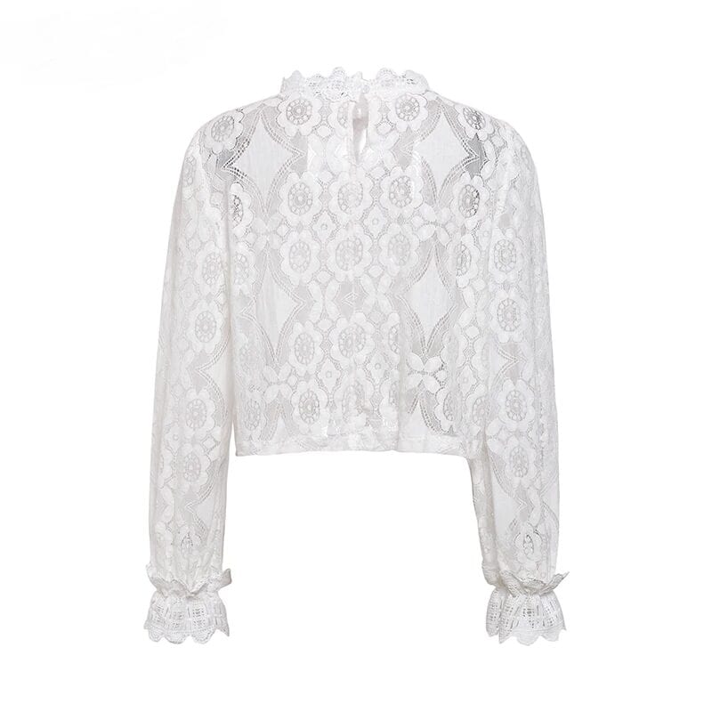 Elegant White Lace Hollow Out Long Lantern Sleeve Blouse Shirt