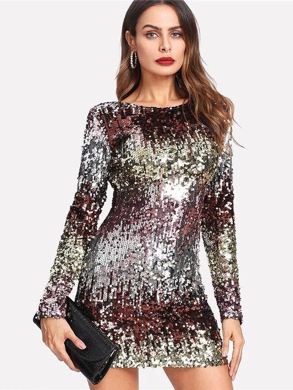 Round Neck Long Sleeve With Zipper Sequin Mini Dress