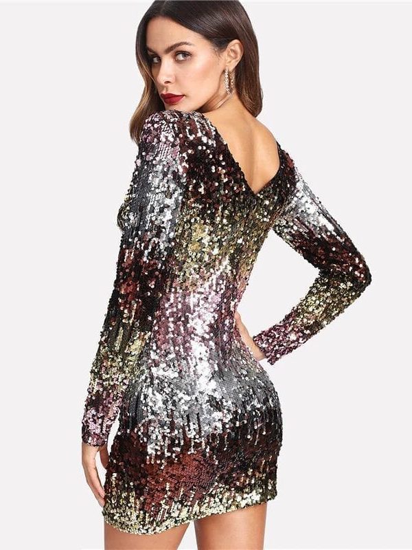 Round Neck Long Sleeve With Zipper Sequin Mini Dress