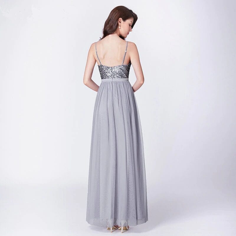 Elegant A Line V Neck Tulle Sequins Long Bridesmaid Dress