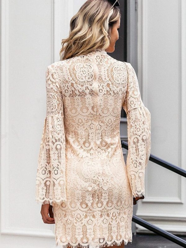 Elegant Flare Sleeve Lace Embroidery Ruffled Office Dress