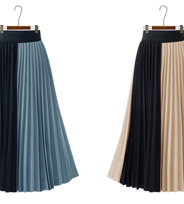 High-waisted Mid-length Mixed Colors Pleated Skirt