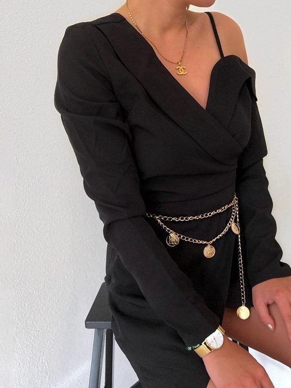 Elegant Asymmetrical Long Sleeve Office Blazer Black Dress