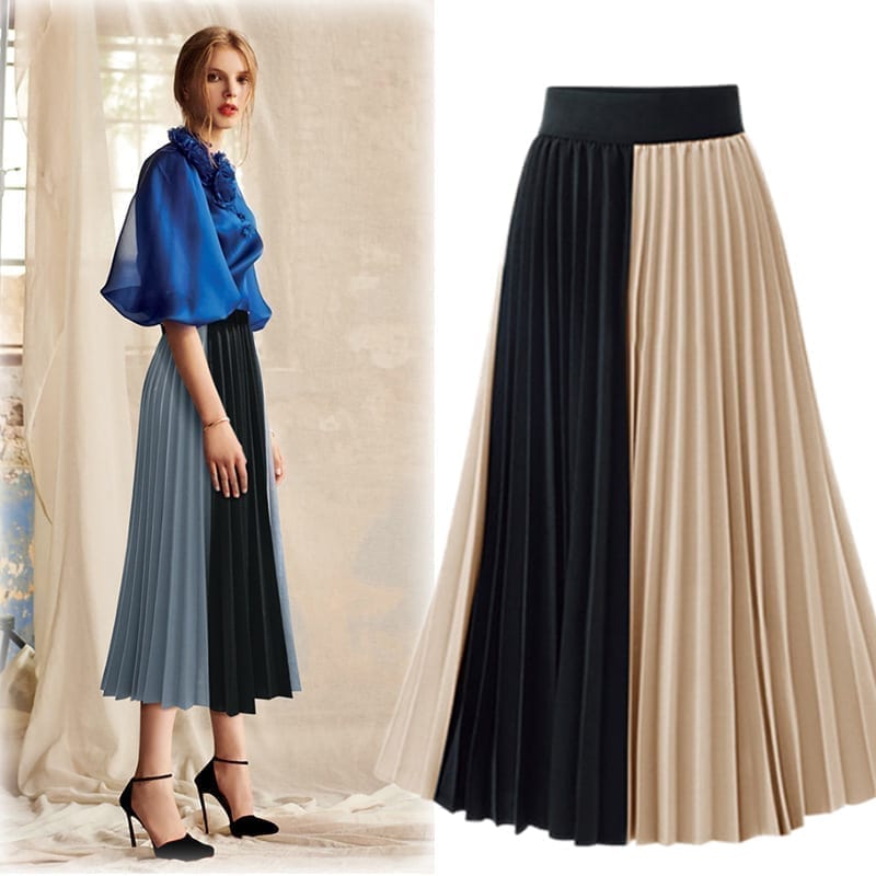 High-Waisted Mid-Length Mixed Colors Pleated Skirt | Uniqistic.com