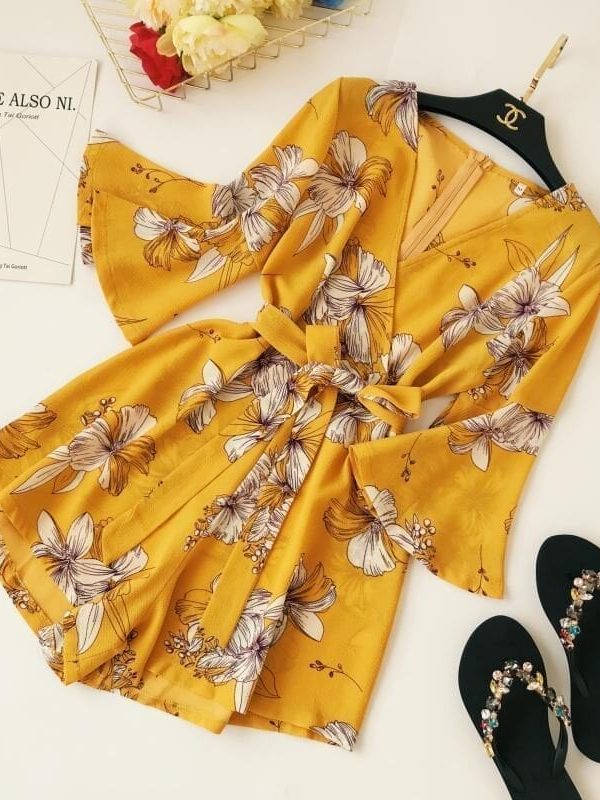 Yellow Red Floral Print Bow Wide Leg Lace Up Yellow Romper Jumpsuit in Jumpsuits & Rompers