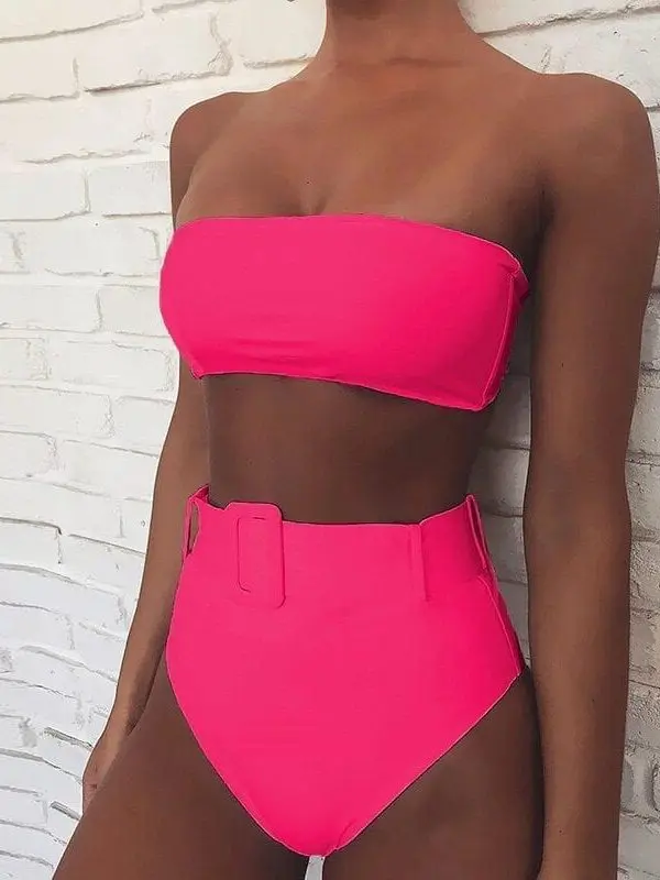 Pink High Waist Bandeau Bikini Set