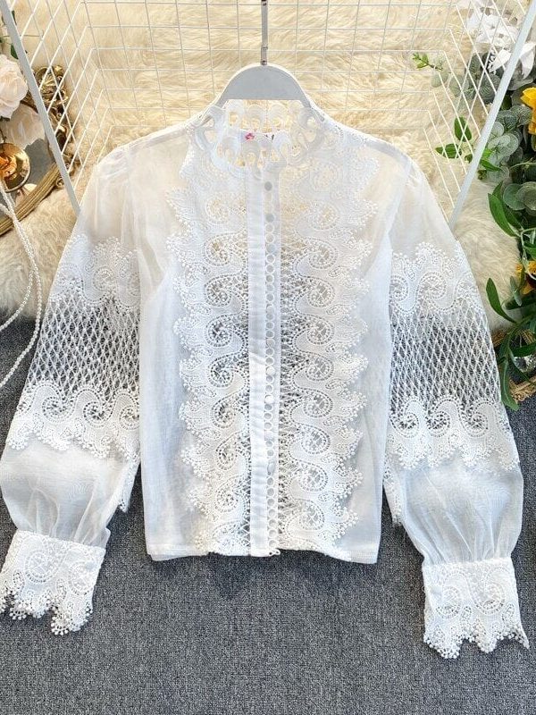 White Black Long Lantern Sleeve Lace Hollow Out Stand Collar Blouse Shirt