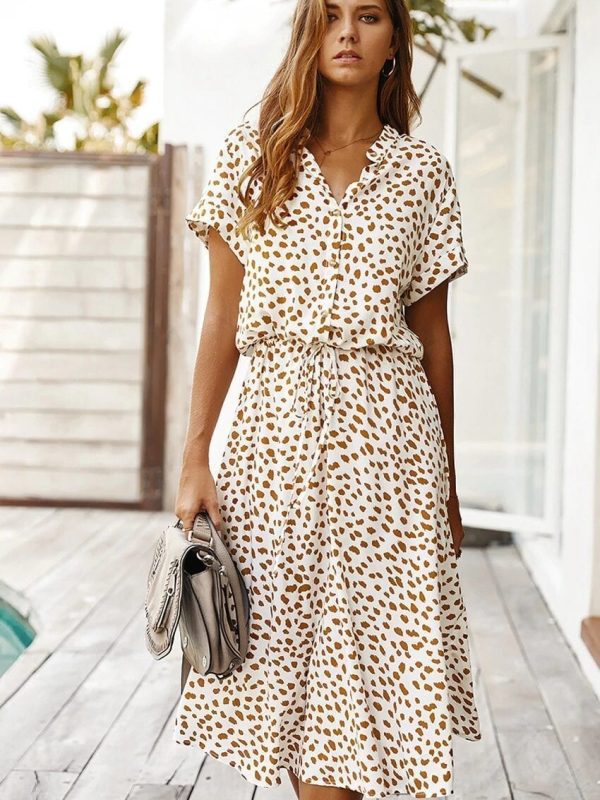 Dots Print White Short Sleeve Midi Boho Beach Dress | Uniqistic.com