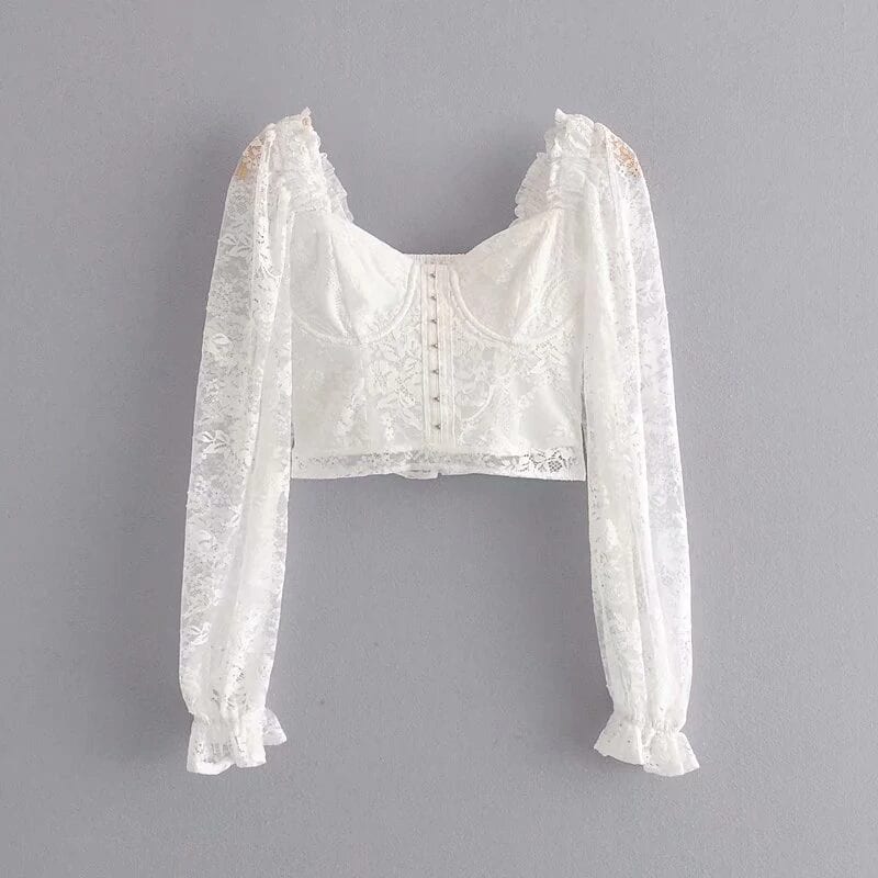 Romantic Semi-sheer White Lace Square Neck Long Sleeve Blouse Top