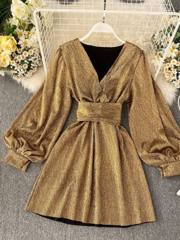 V-neck Lantern Sleeve Gold Bright Silk Lace Retro Dress
