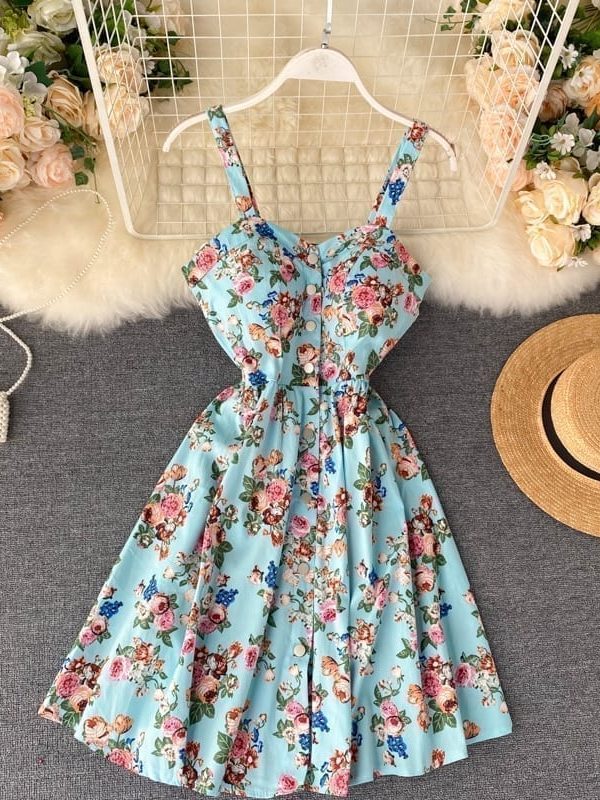 Floral print vintage spaghetti strap retro beach boho mini dress