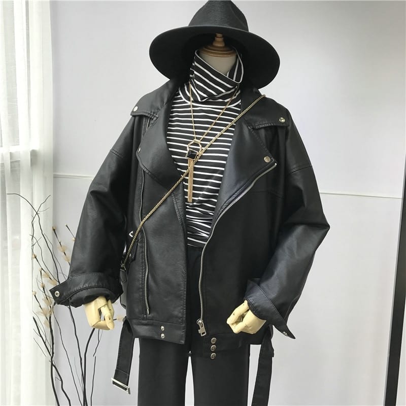 Black PU Leather Loose Turn-down Collar Zipper Wild Jacket in Coats & Jackets