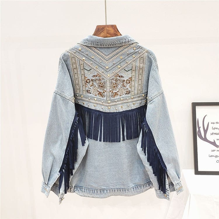 Korean Floral Embroidery Suede Fringe Loose Denim Jacket in Coats & Jackets