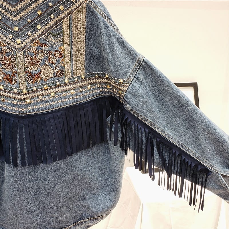 Korean Floral Embroidery Suede Fringe Loose Denim Jacket in Coats & Jackets