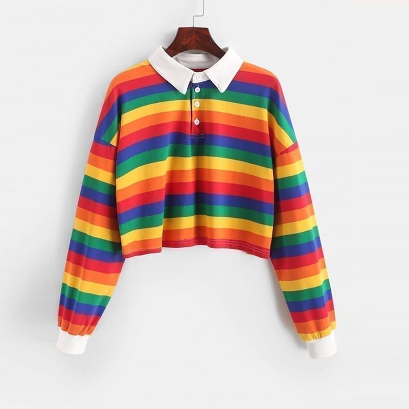 Long sleeve rainbow color ladies hoodies with button striped korean style sweatshirt