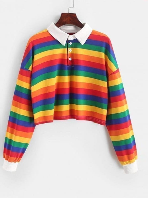 Long sleeve rainbow color ladies hoodies with button striped korean style sweatshirt