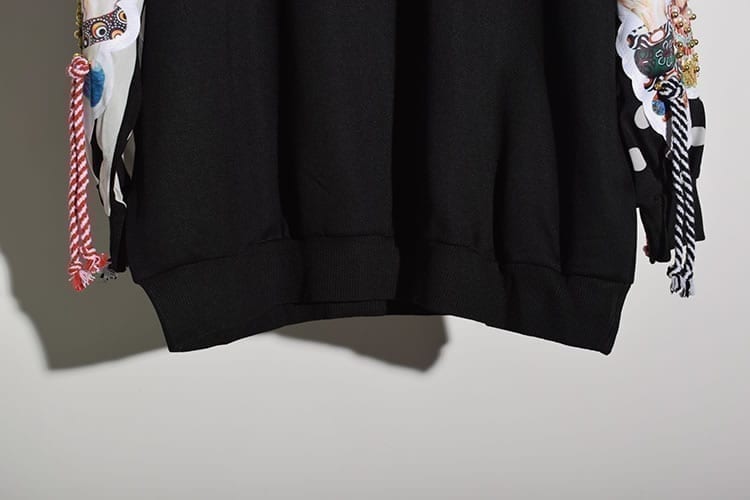 Black Long Sleeve Patchwork Print Tassel Pullover in Hoodies & Sweatshirts