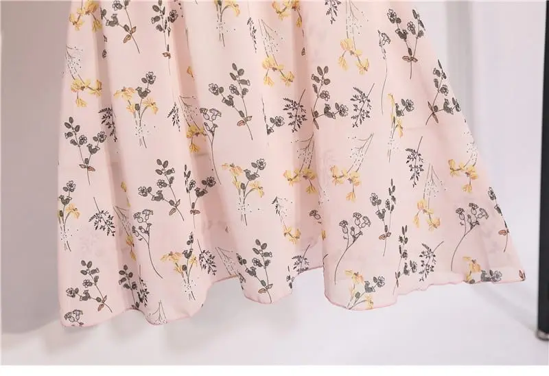 Chiffon Knee Length V-Neck Print Sweet Ruffle Sleeeve Slim Casual Drawstring Dress in Dresses