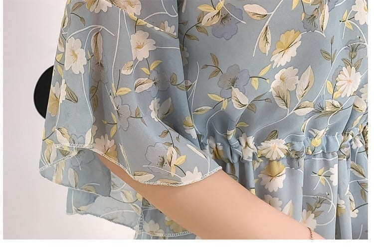 Chiffon Knee Length V-Neck Print Sweet Ruffle Sleeeve Slim Casual Drawstring Dress in Dresses