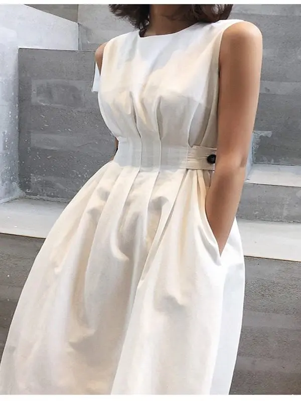 Solid Elegant Casual Party O-neck Sleeveless Tank Dress in Dresses