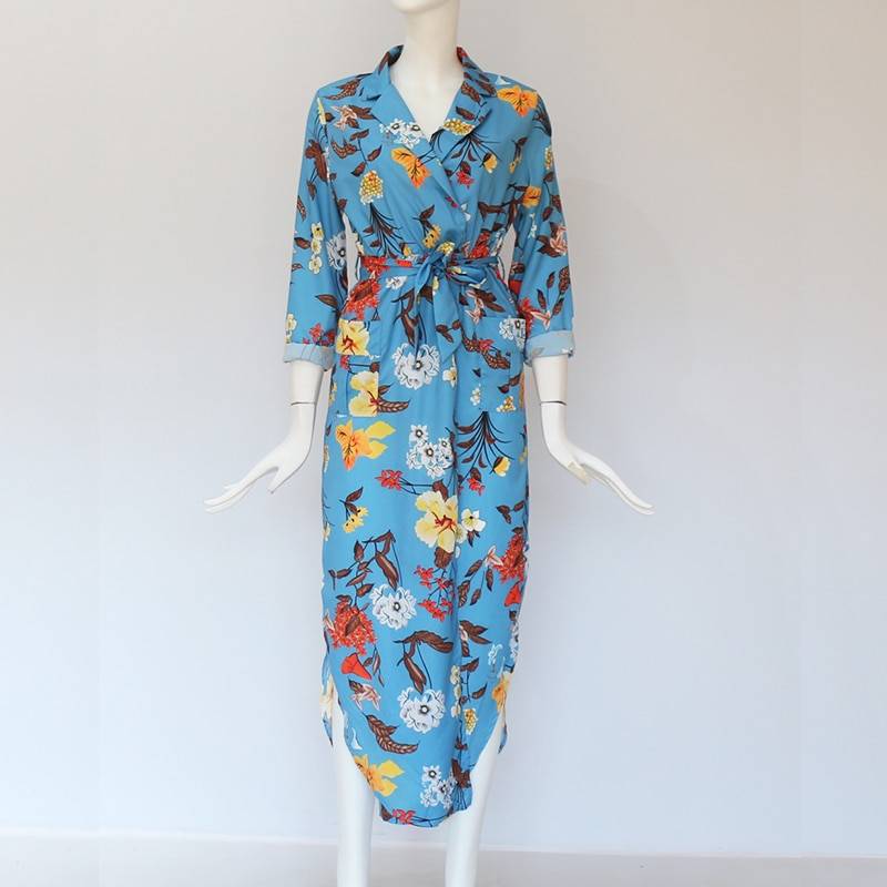 Boho print maxi long casual v-neck long sleeve sashes dress with pocket