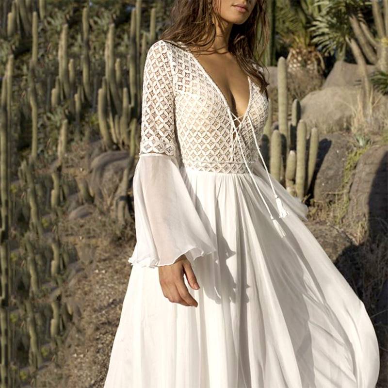 Long Flare Sleeve V Neck Hollow Boho Lace Maxi Dress | Uniqistic.com