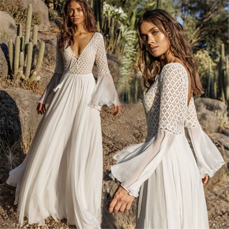 Long Flare Sleeve V Neck Hollow Boho Lace Maxi Dress | Uniqistic.com