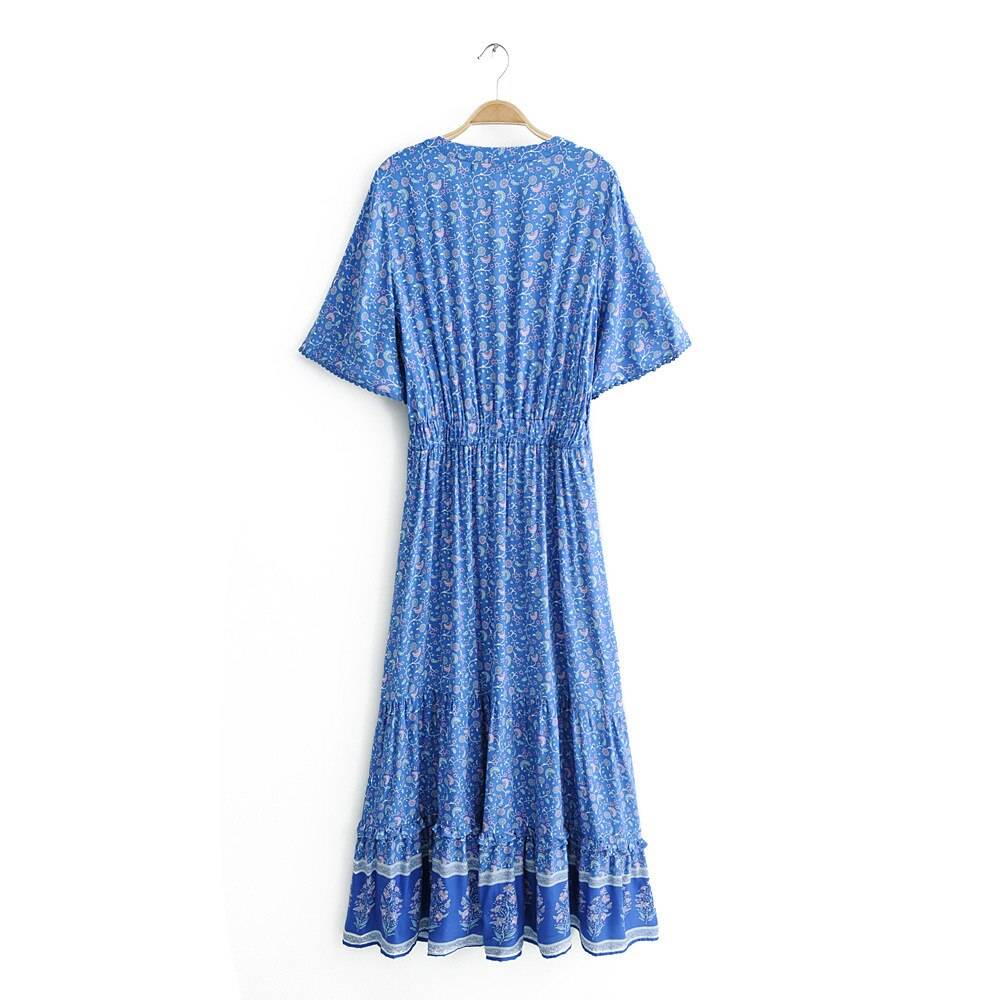 Vintage Print Waist Boho V-Neck Short Sleeve Maxi Dress | Uniqistic.com