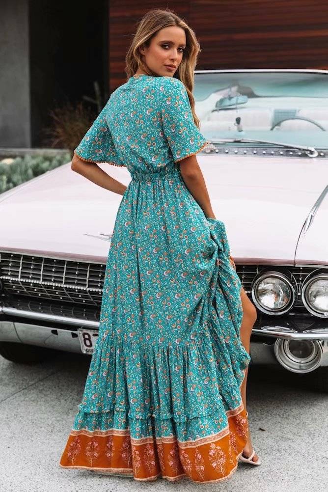 Vintage Print Waist Boho V-Neck Short Sleeve Maxi Dress in Dresses