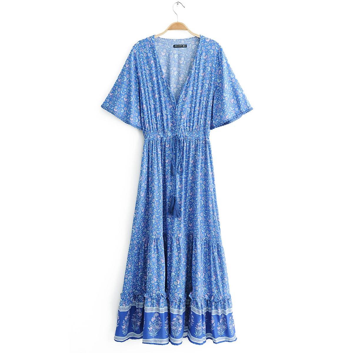 Vintage print waist boho v-neck short sleeve maxi dress