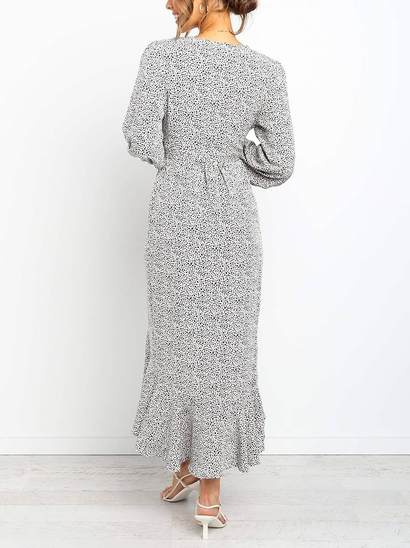 Long Maxi Dot Print Three Quarter Sleeve Ruffle Warp Dress in Dresses