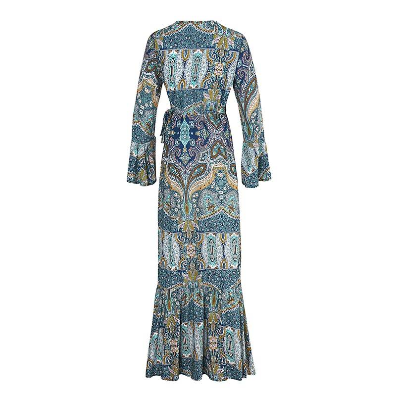 Floral print V-neck long sleeve hippie floor-length dress | Uniqistic.com