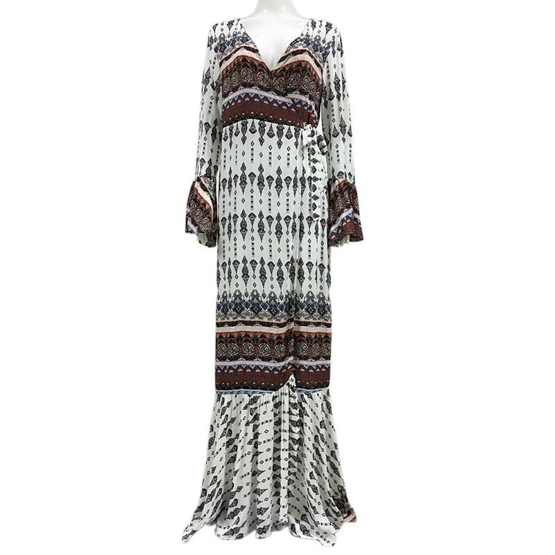 Floral print V-neck long sleeve hippie floor-length dress in Dresses