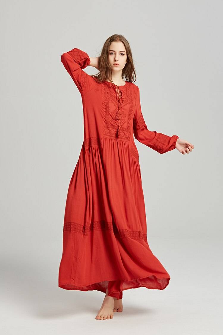 Long sleeve red floral embroidery v neck tassel maxi dress in Dresses