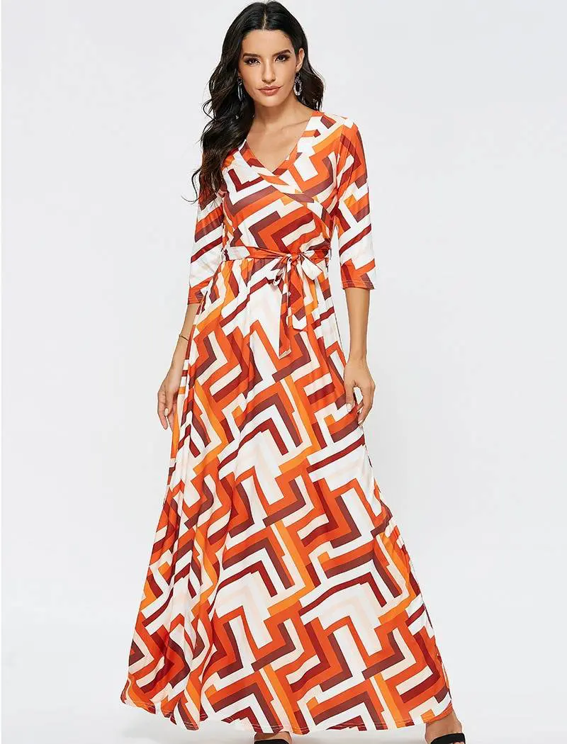 Geometric print  half sleeve casual maxi dress