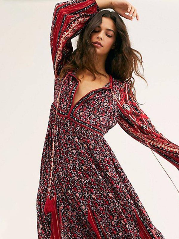 Long Sleeve Cotton Floral Print Loose Casual Maxi Dress in Dresses